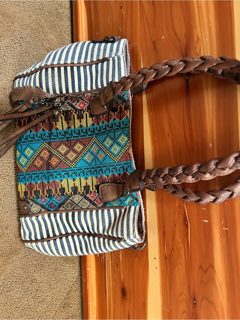 Boho Stripe & Aztec Tote Bag in Brown and Teal